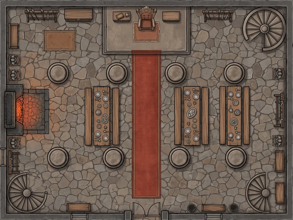 Top-down AI-generated castle great hall battle map with a throne dais, banquet tables, stone pillars and a red carpet