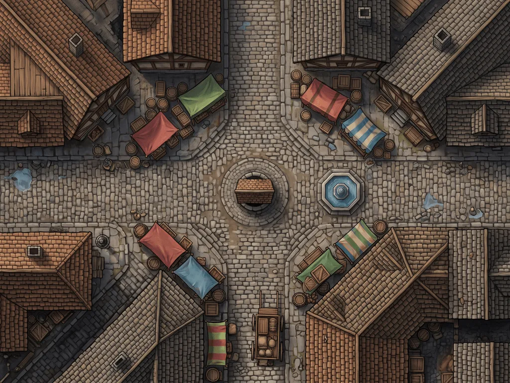 Top-down AI-generated city street battle map of a cobblestone crossroads with market stalls, a well, a fountain and tiled rooftops
