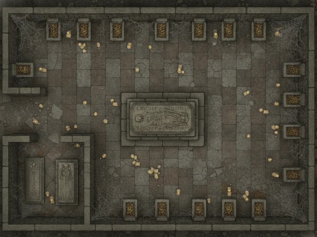 Top-down AI-generated crypt battle map of a burial chamber with a carved sarcophagus on a dais, bone-filled wall niches, candles and a side chamber
