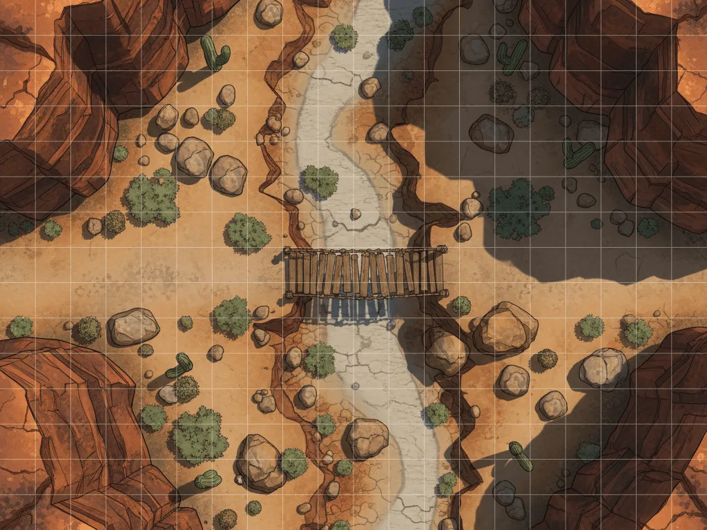 Sun-scorched desert canyon battle map with wooden bridge and red rock walls