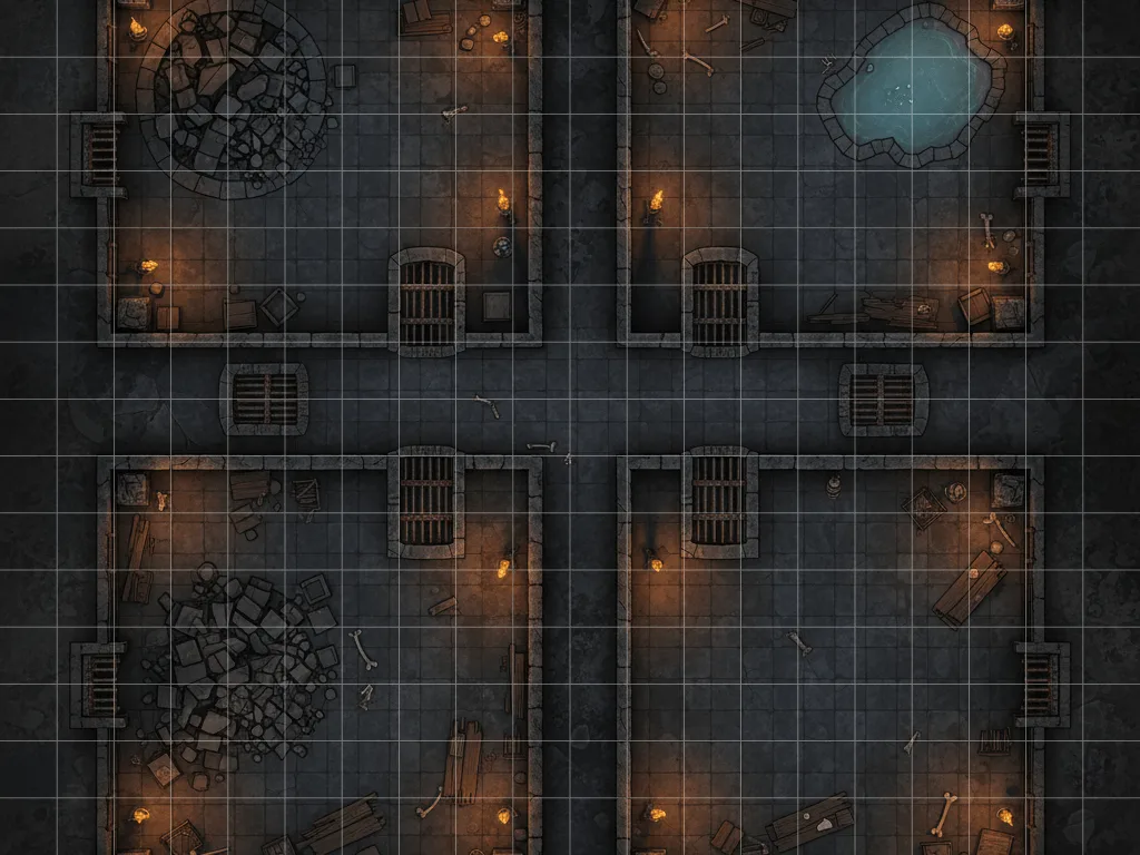 Multi-room underground dungeon map with stone corridors and glowing pool