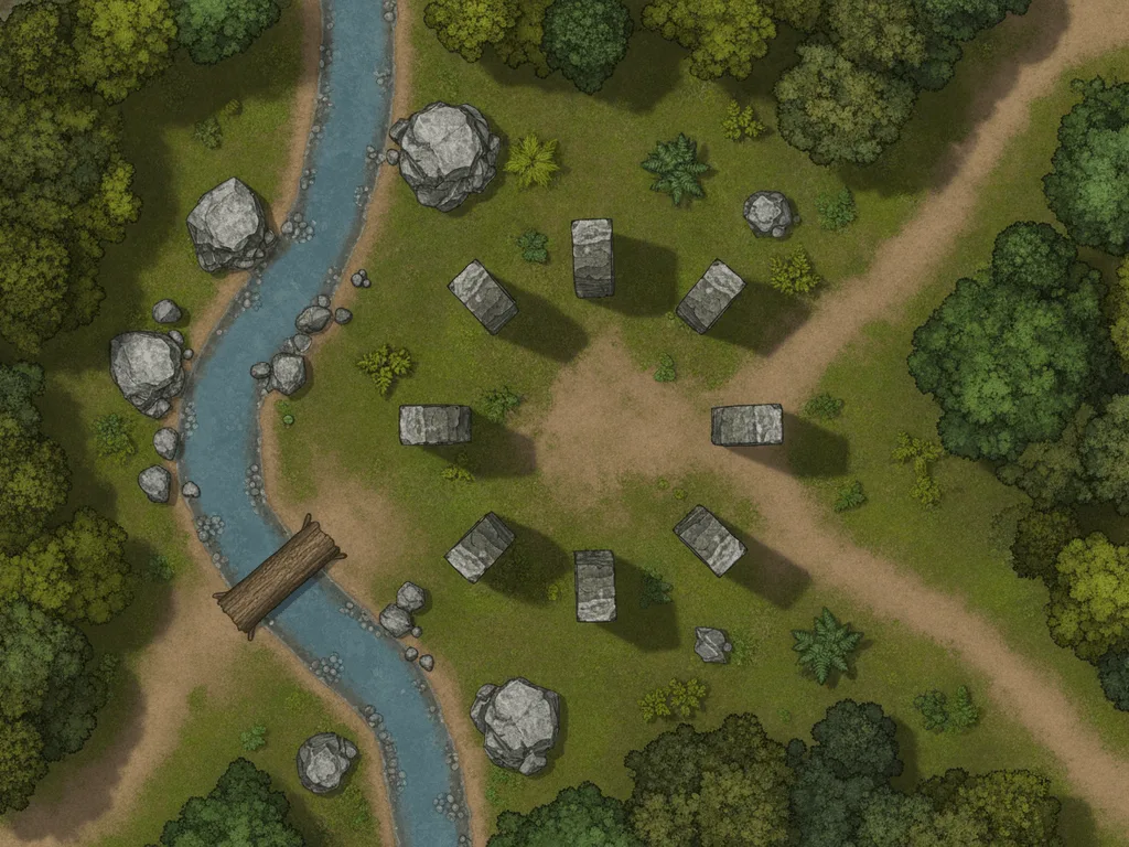 Top-down AI-generated forest battle map of a clearing with a ring of standing stones, a stream crossed by a fallen log and dirt paths
