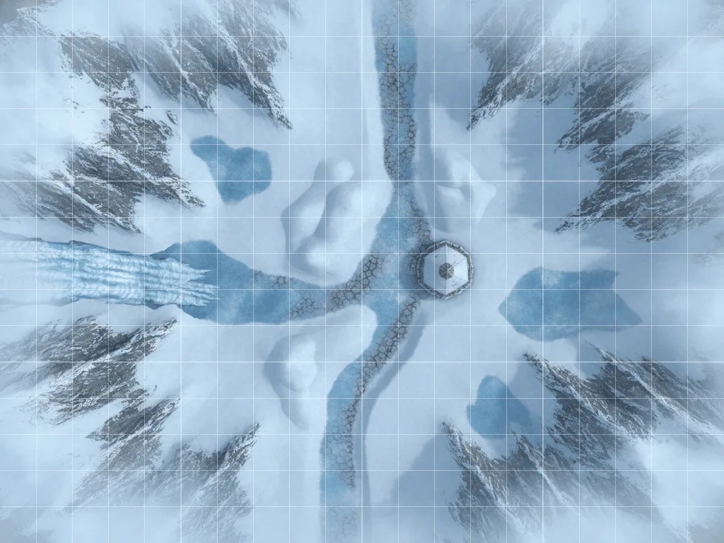 Snow-covered mountain pass map with frozen waterfall and stone shelter
