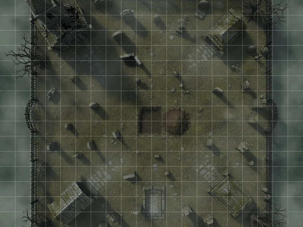 Misty graveyard battle map at night with tombstones, chapel, and open grave