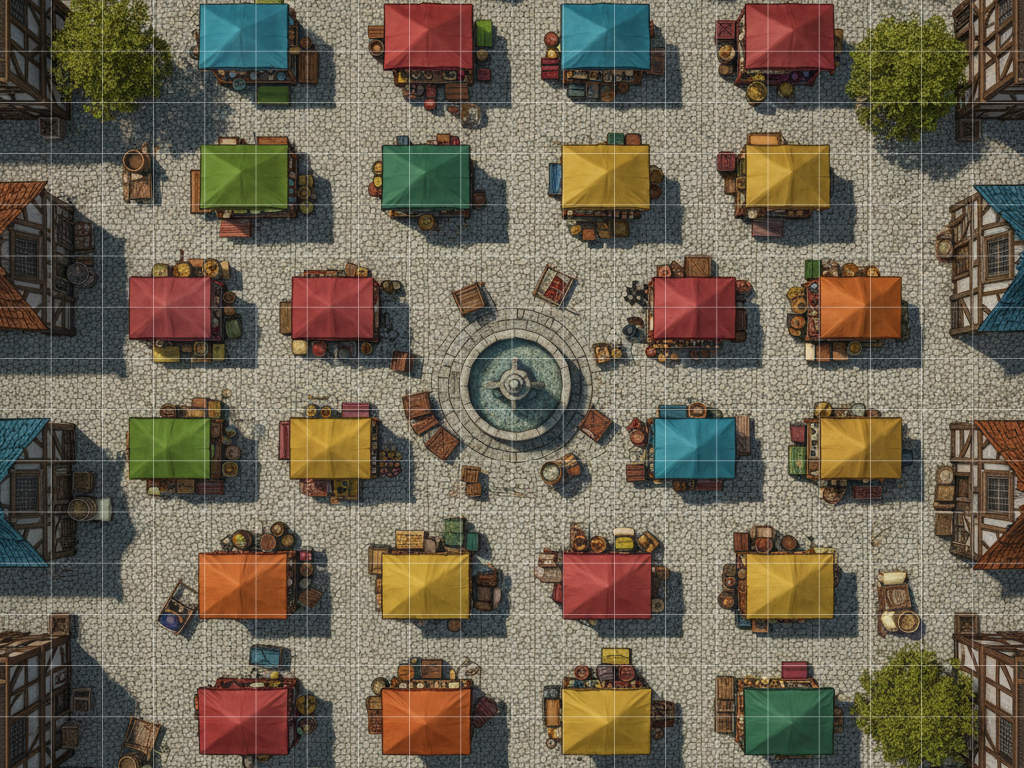 AI city map, town map, market map, urban battle map, TTRPG city