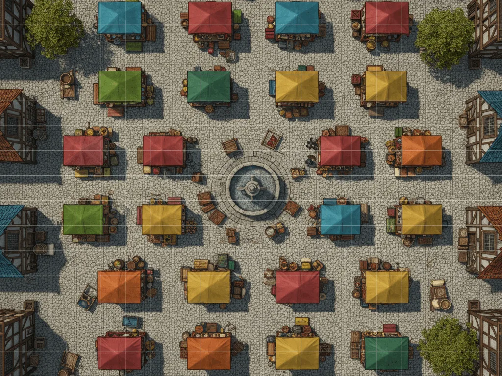 Medieval market square map with merchant stalls, fountain, and cobblestone streets