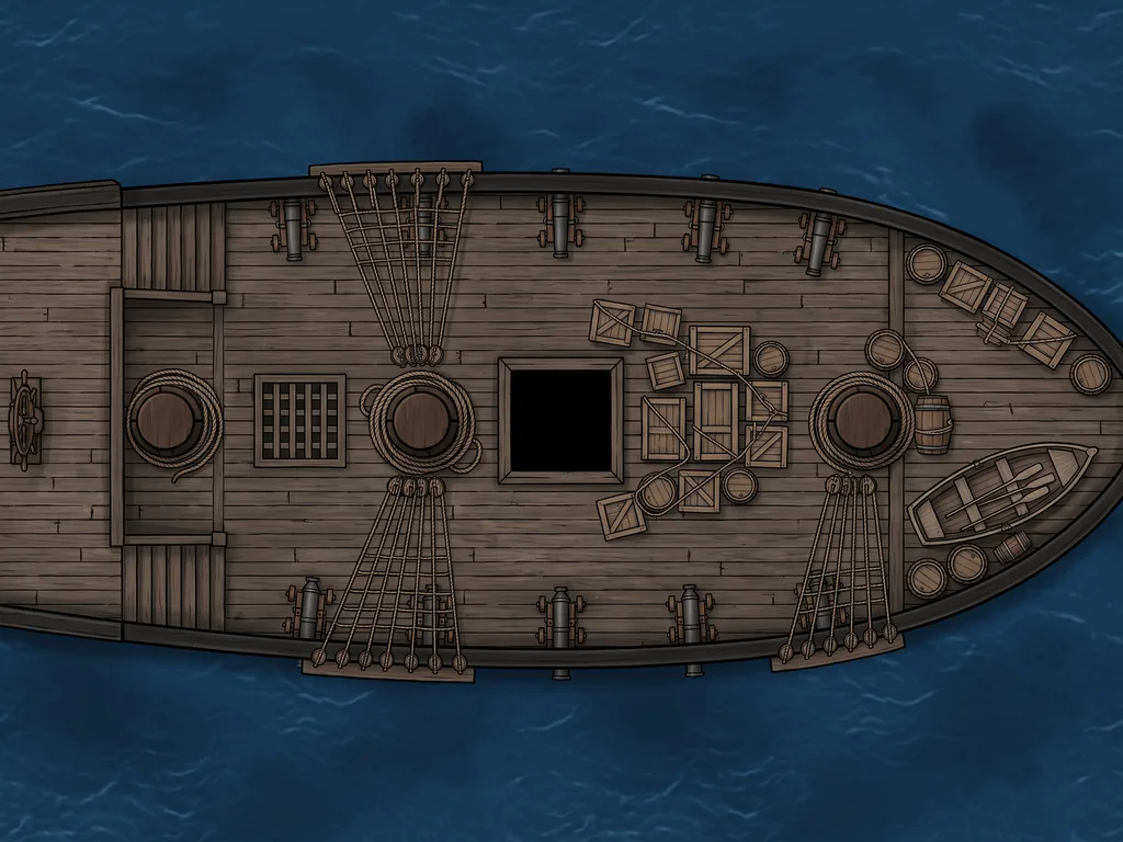 Top-down AI-generated battle map of a three-masted sailing ship deck with cannons, cargo crates and a rowboat on dark blue water