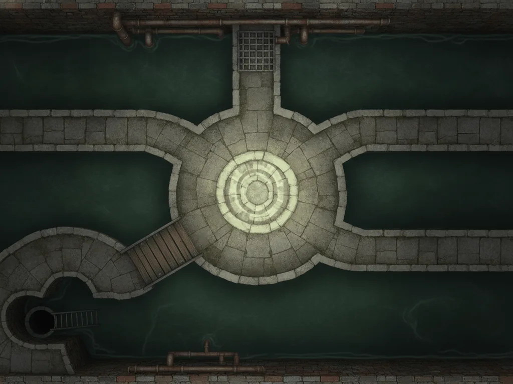 Top-down AI-generated sewer battle map of a round cistern junction where walkways meet over green water, with a plank bridge, a grate and a ladder shaft
