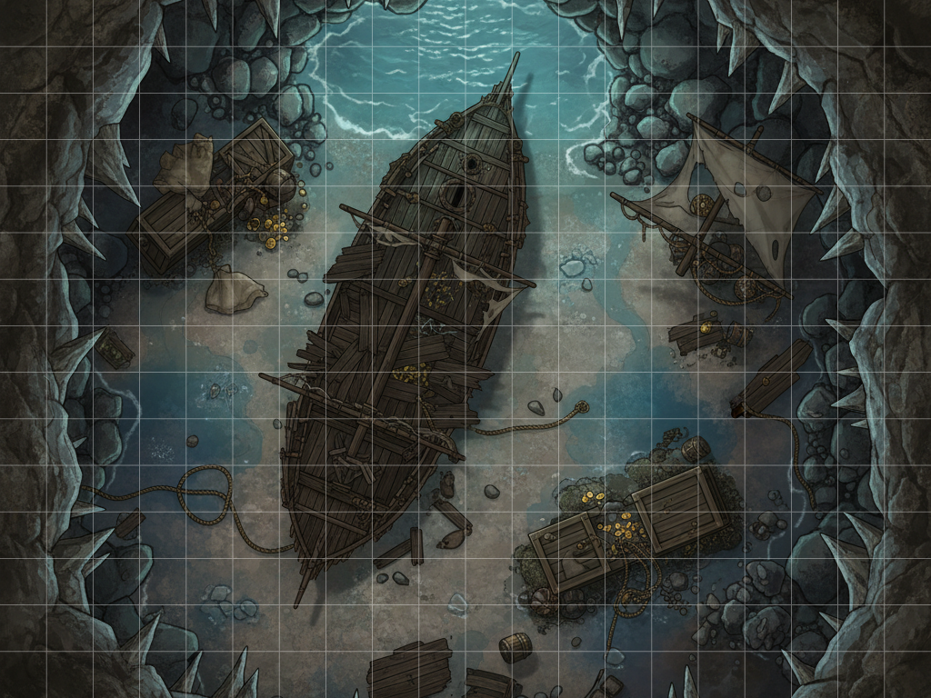 AI cave map, shipwreck map, coastal battle map, RPG battle map