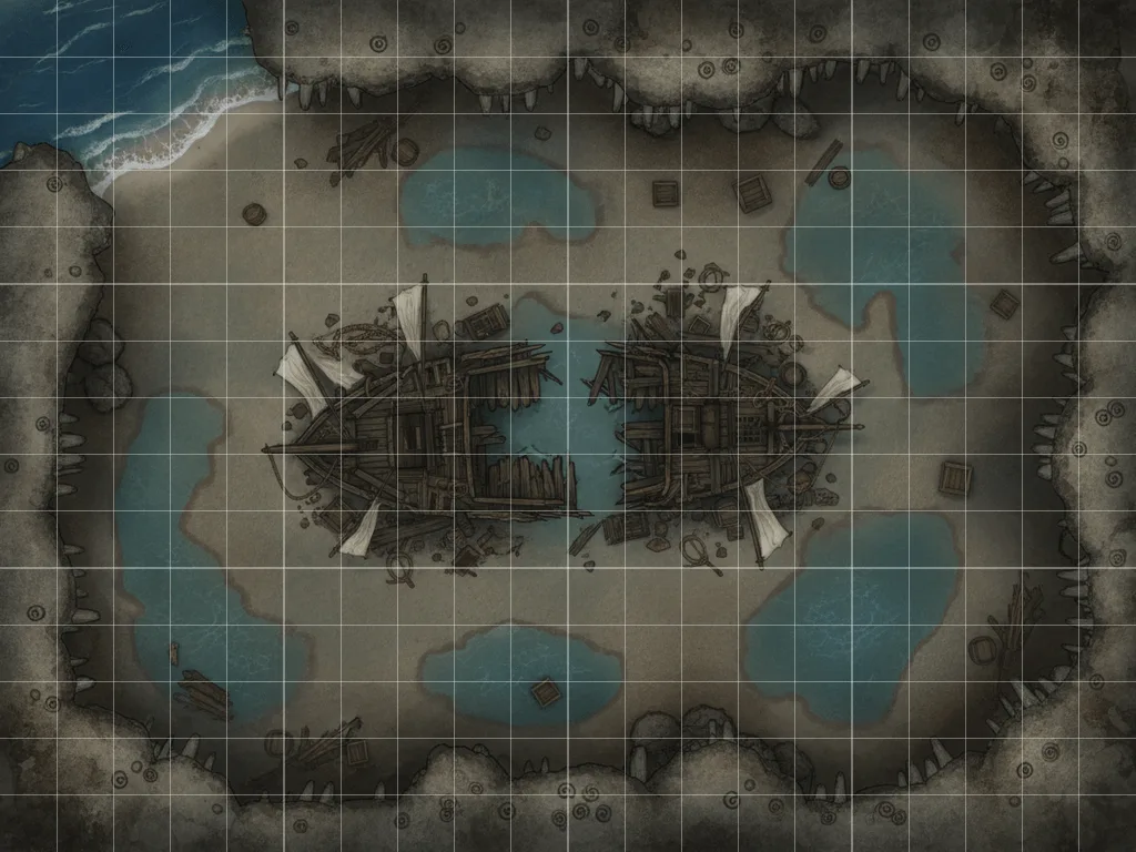 Coastal cave battle map with wrecked ship, tidal pools, and stalactites