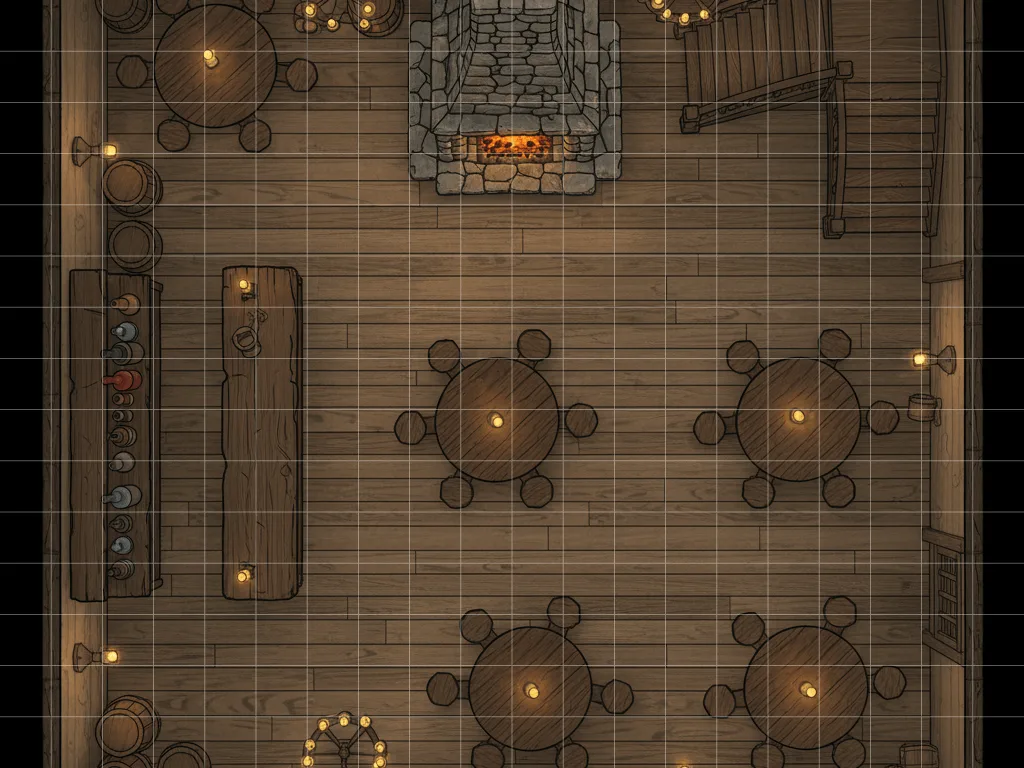 AI-generated tavern interior map with fireplace, bar counter, and candlelit tables
