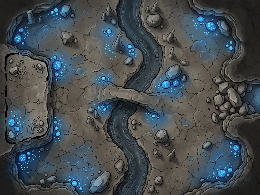 Top-down AI-generated cave battle map with an underground stream, a rock bridge and glowing blue mushrooms