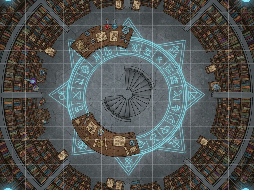 Circular wizard tower library map with spiral staircase and arcane ritual circle
