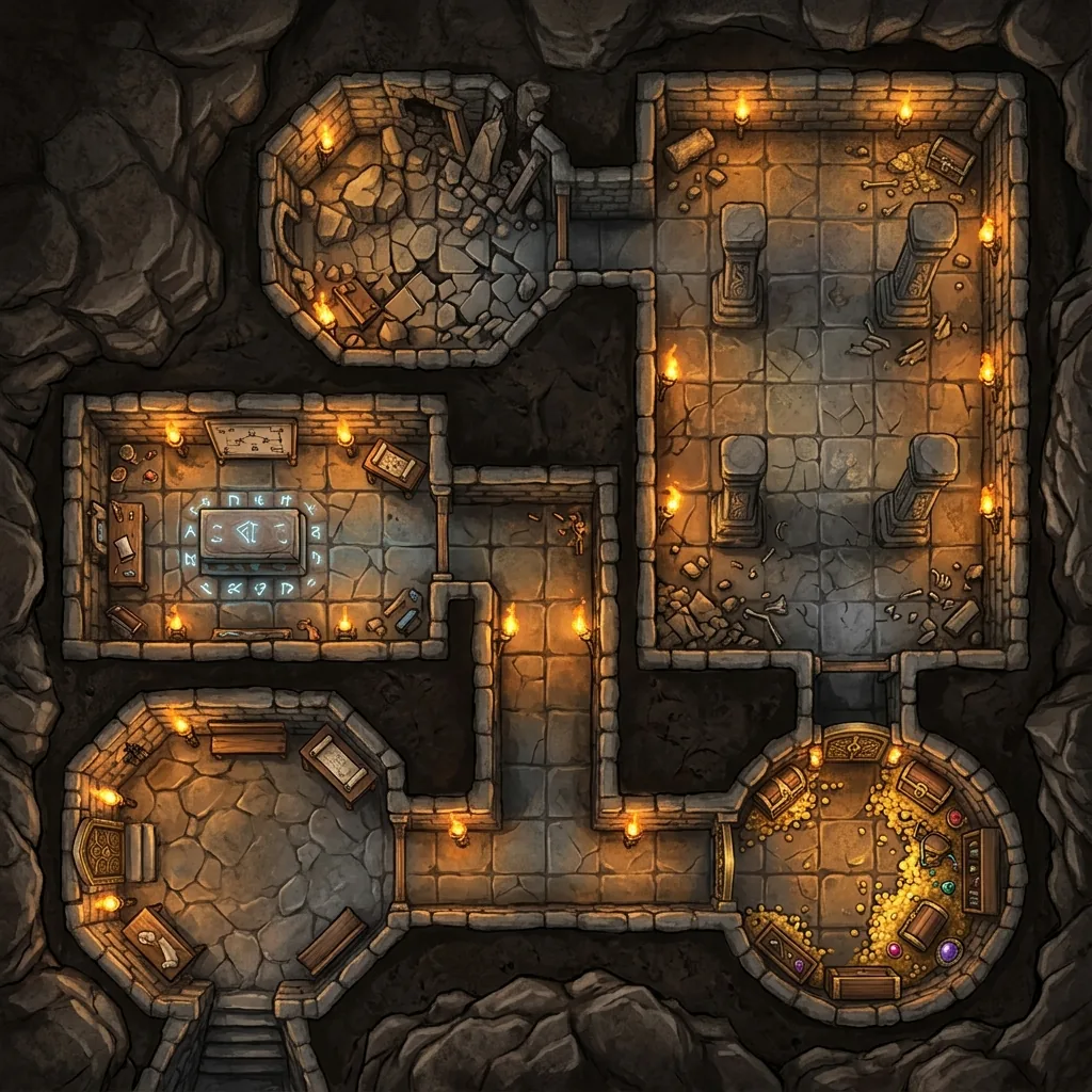 A top-down fantasy battle map of a compact torchlit stone dungeon with five distinct chambers connected by short corridors