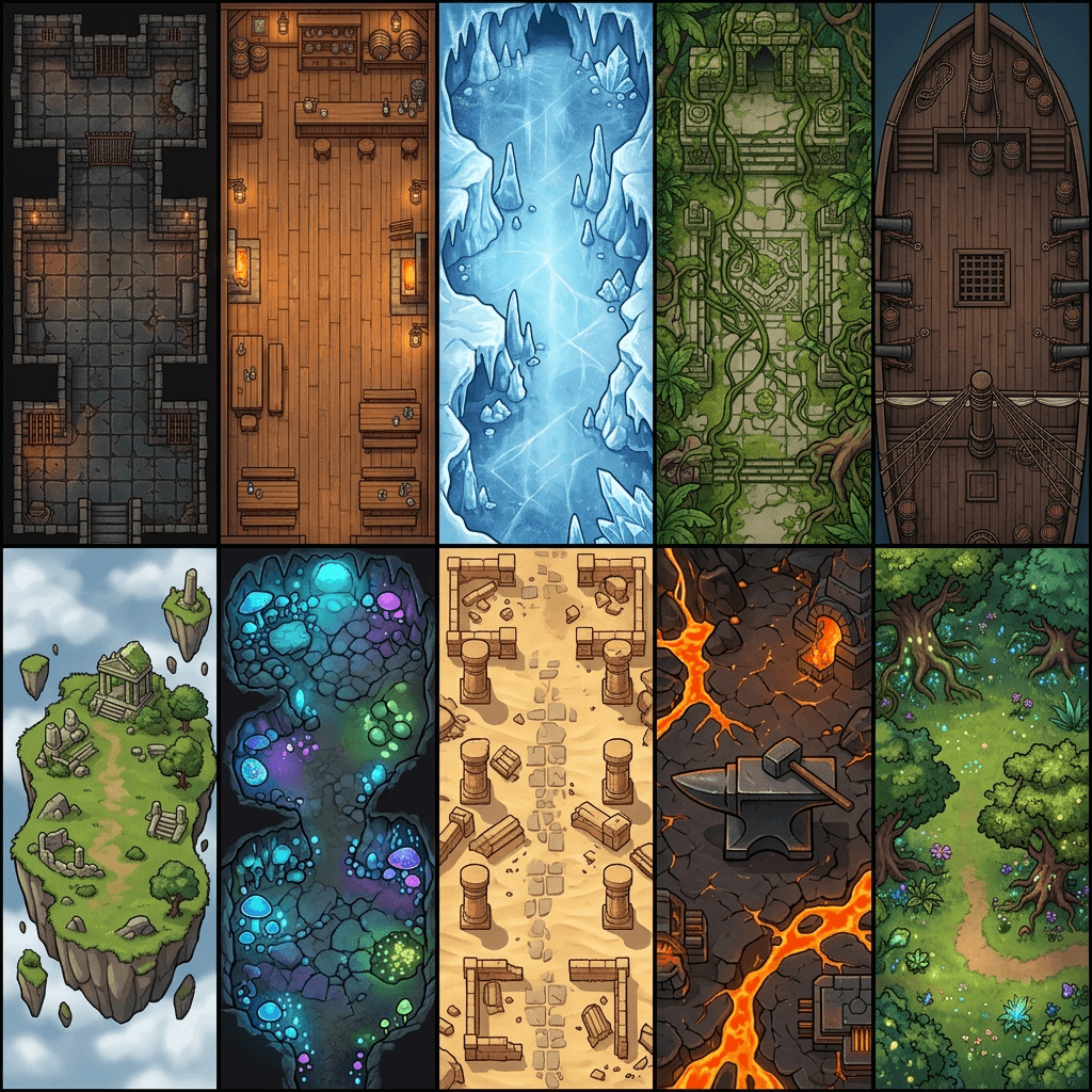 A composite image showing a 5x2 grid of fantasy battle map thumbnails