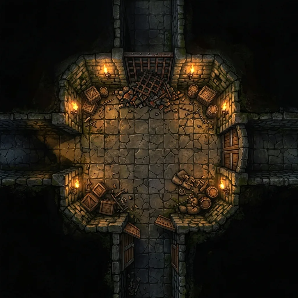 A top-down fantasy battle map of a torchlit stone dungeon chamber with branching corridors in classic D&D flagstone style