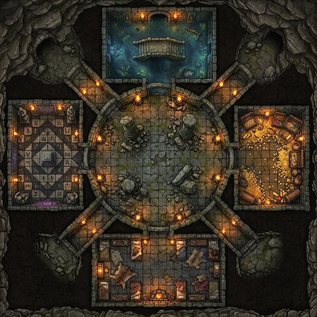A crisp 90-degree top-down fantasy battle map of an ancient subterranean dungeon floor with stone passageways and torches