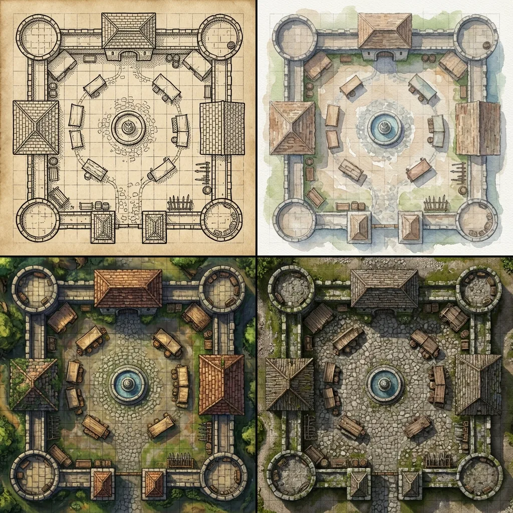A top-down view of the same castle courtyard battle map rendered in four art styles: ink on parchment, watercolor, painterly digital fantasy, and photorealistic