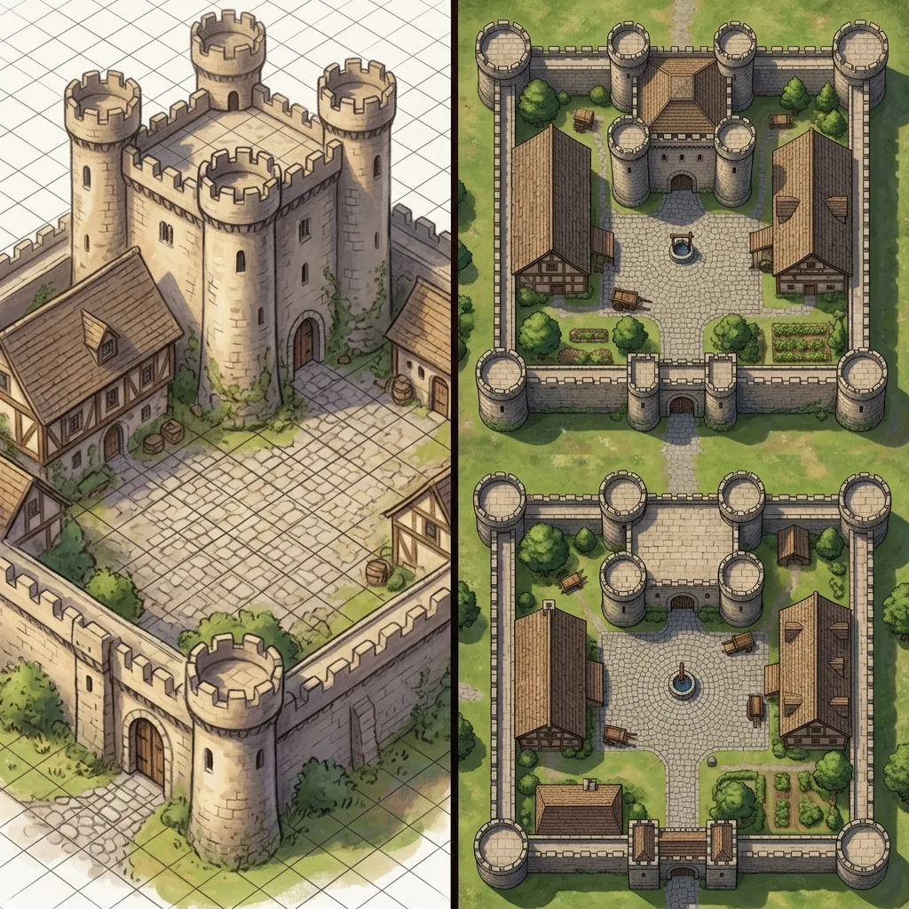 A top-down courtyard battle map beside a warped, sketchy AI illustration of the same courtyard in a split-screen comparison