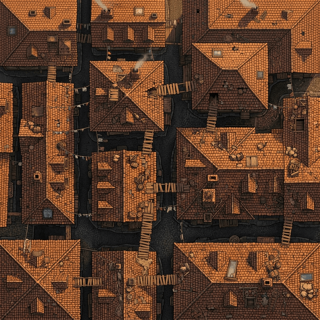 A top-down fantasy battle map of a medieval city rooftop chase scene