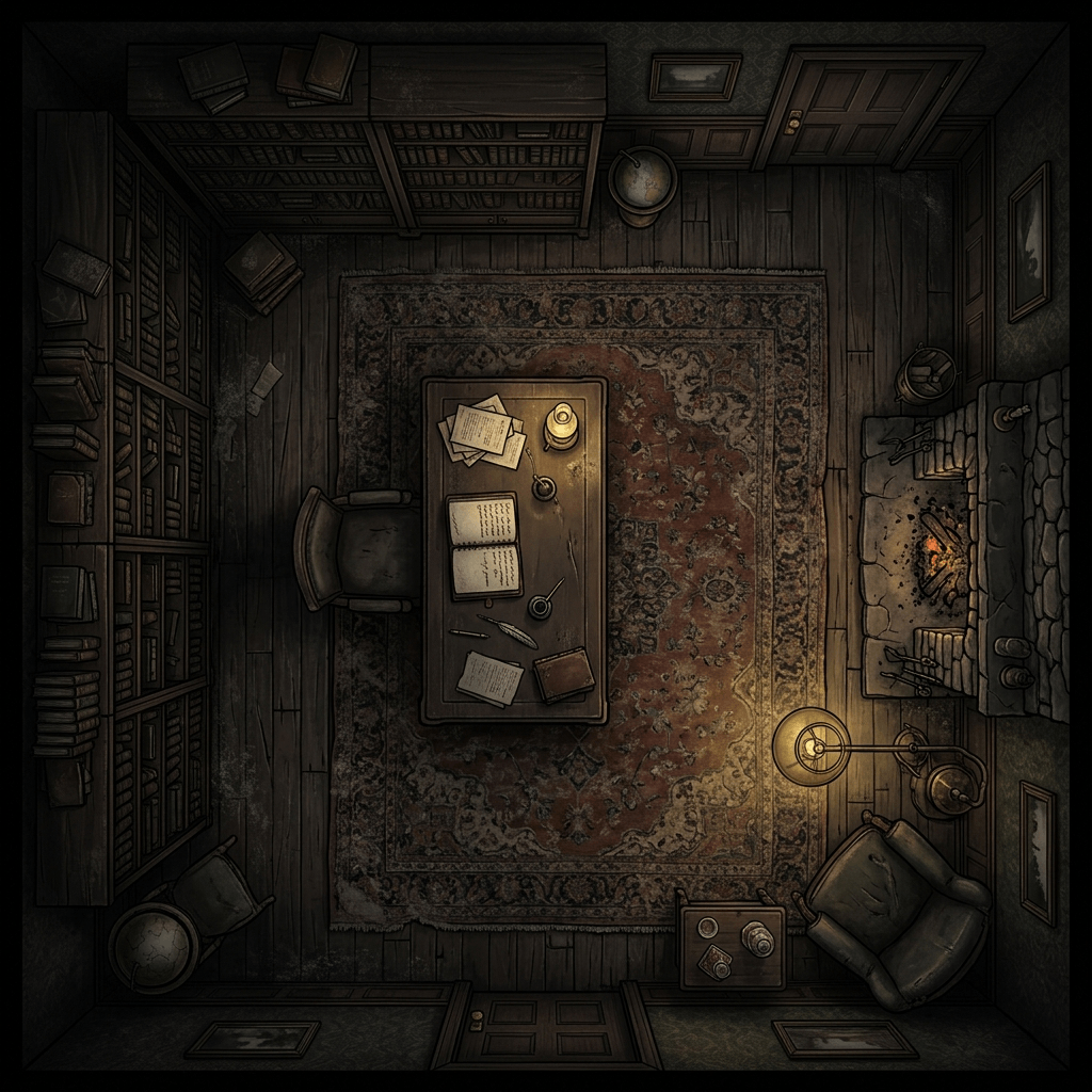 A top-down 1920s-era horror RPG map of a Victorian study interior