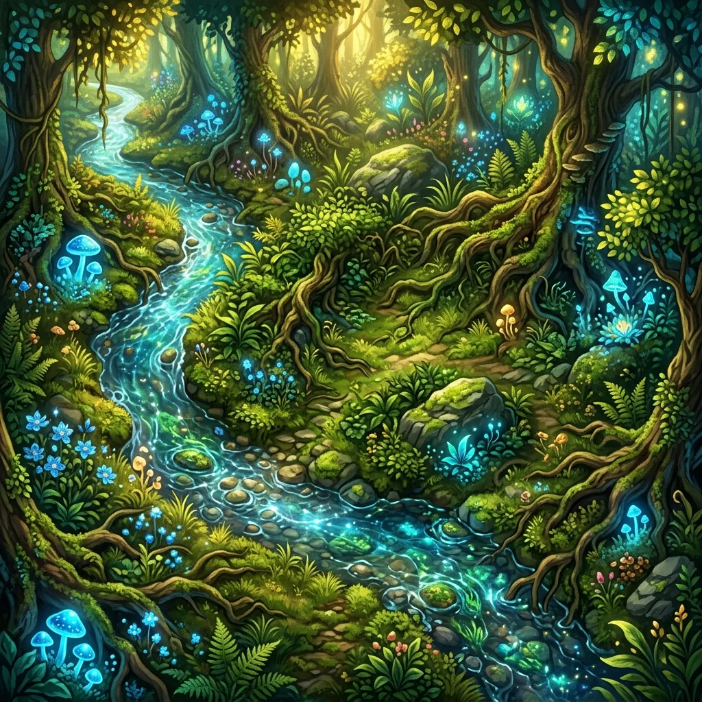 A top-down fantasy battle map of a lush overgrown forest clearing with giant tree roots, glowing flora, and a winding stream