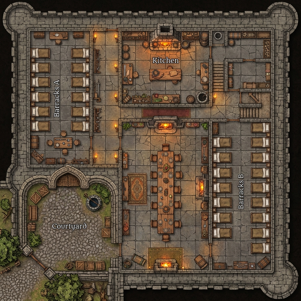 A top-down fantasy battle map of a multi-room stone keep interior