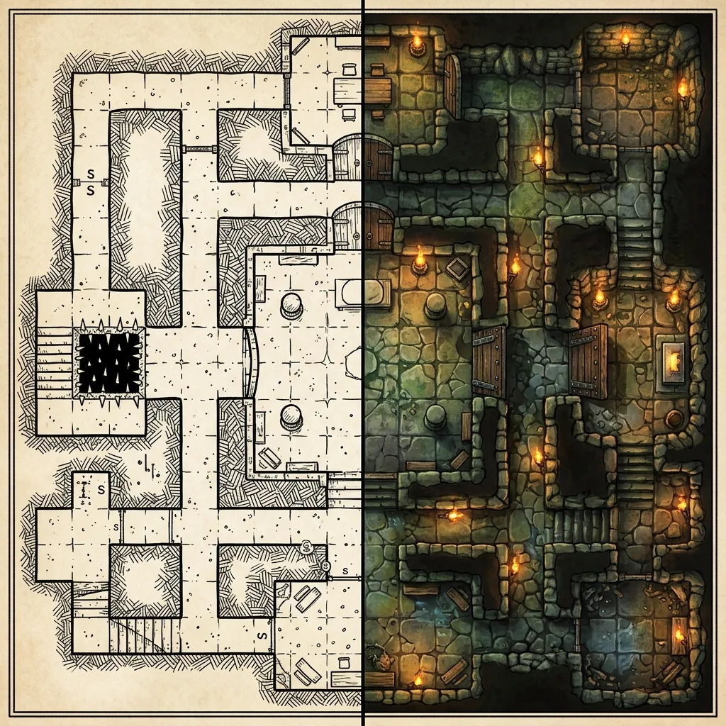 A top-down dungeon shown twice: a black-and-white line-art floor plan on the left and the same layout rendered as a painterly textured battle map on the right