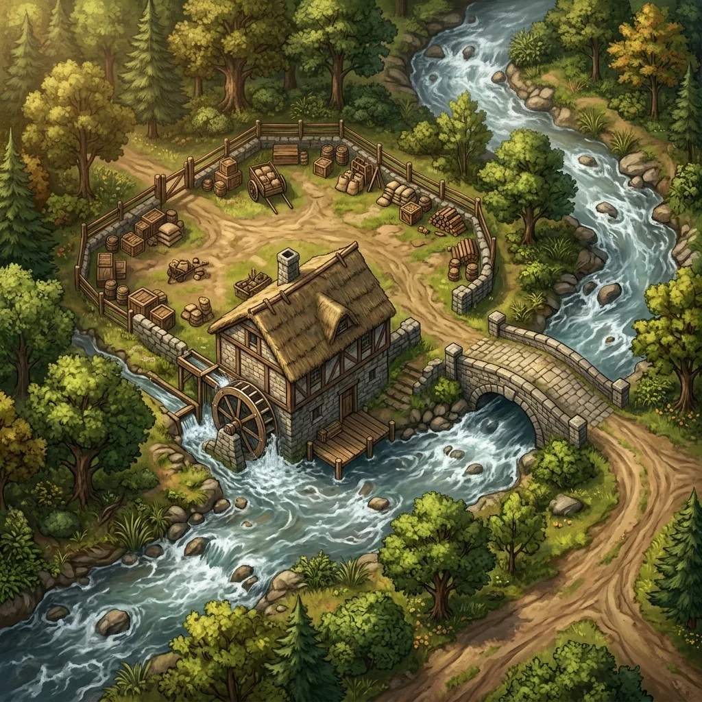 A top-down fantasy battle map of a riverside watermill compound with a waterwheel on a rushing stream, a stone bridge, and a fenced yard in warm afternoon light