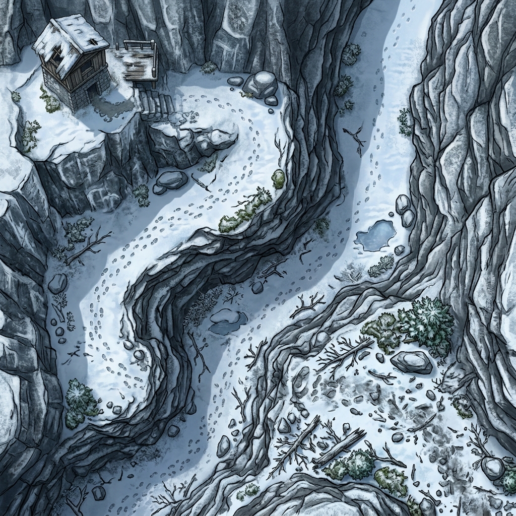 A top-down fantasy battle map of a frostbitten mountain pass