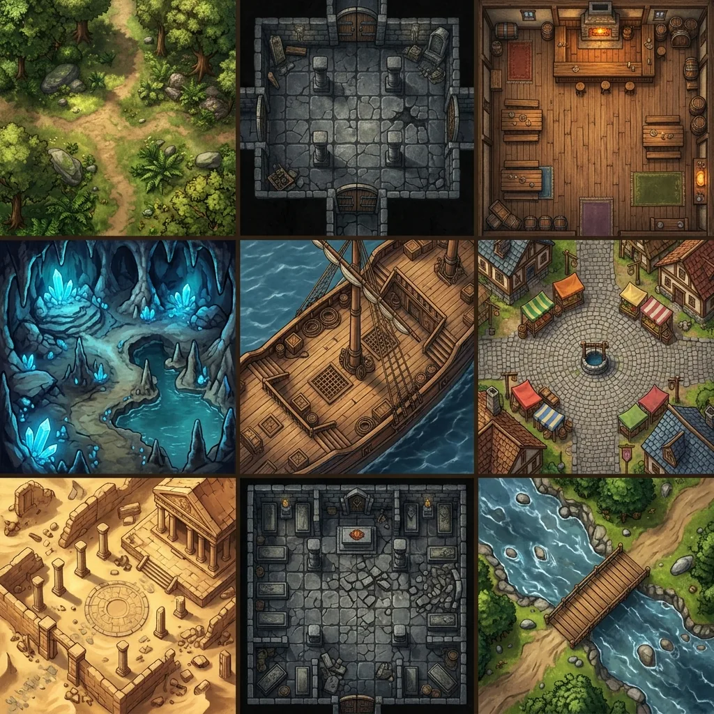 A top-down collage of nine fantasy battle maps arranged in a grid, including a forest clearing, a stone dungeon, a tavern, a cave, a ship deck, a village, a desert ruin, a crypt, and a river crossing.