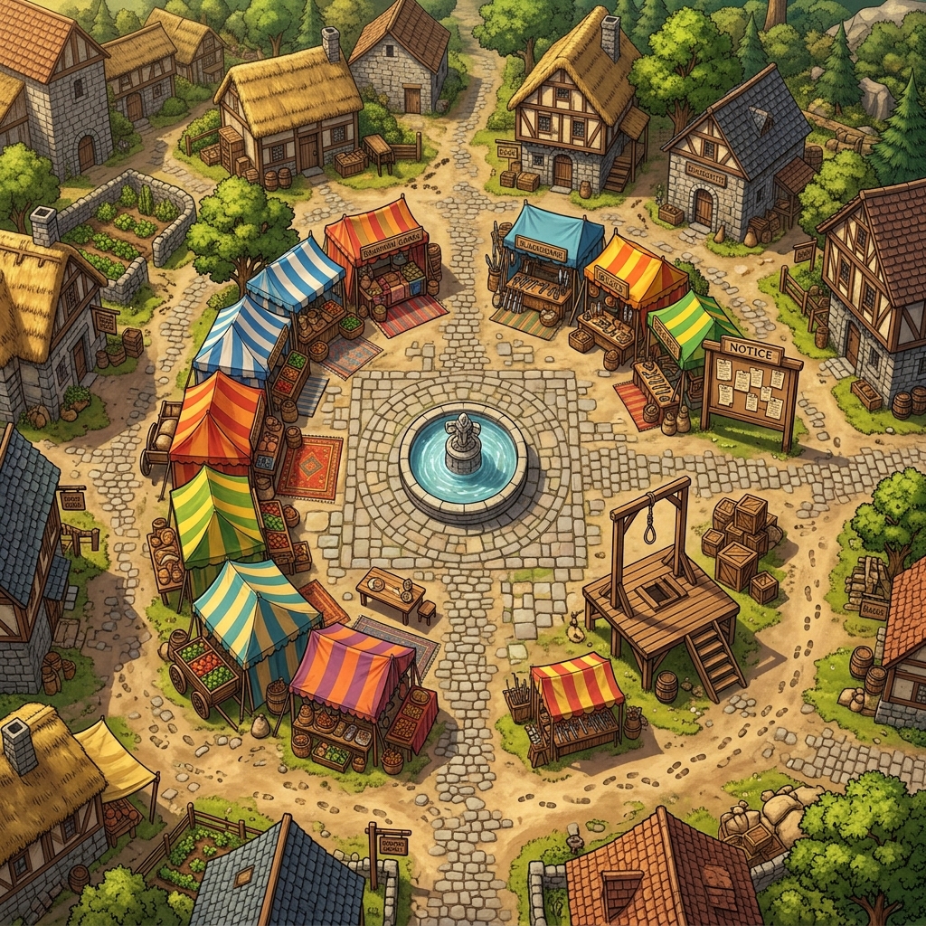A top-down tactical tabletop RPG battle map showing a vibrant town square under warm sunlight