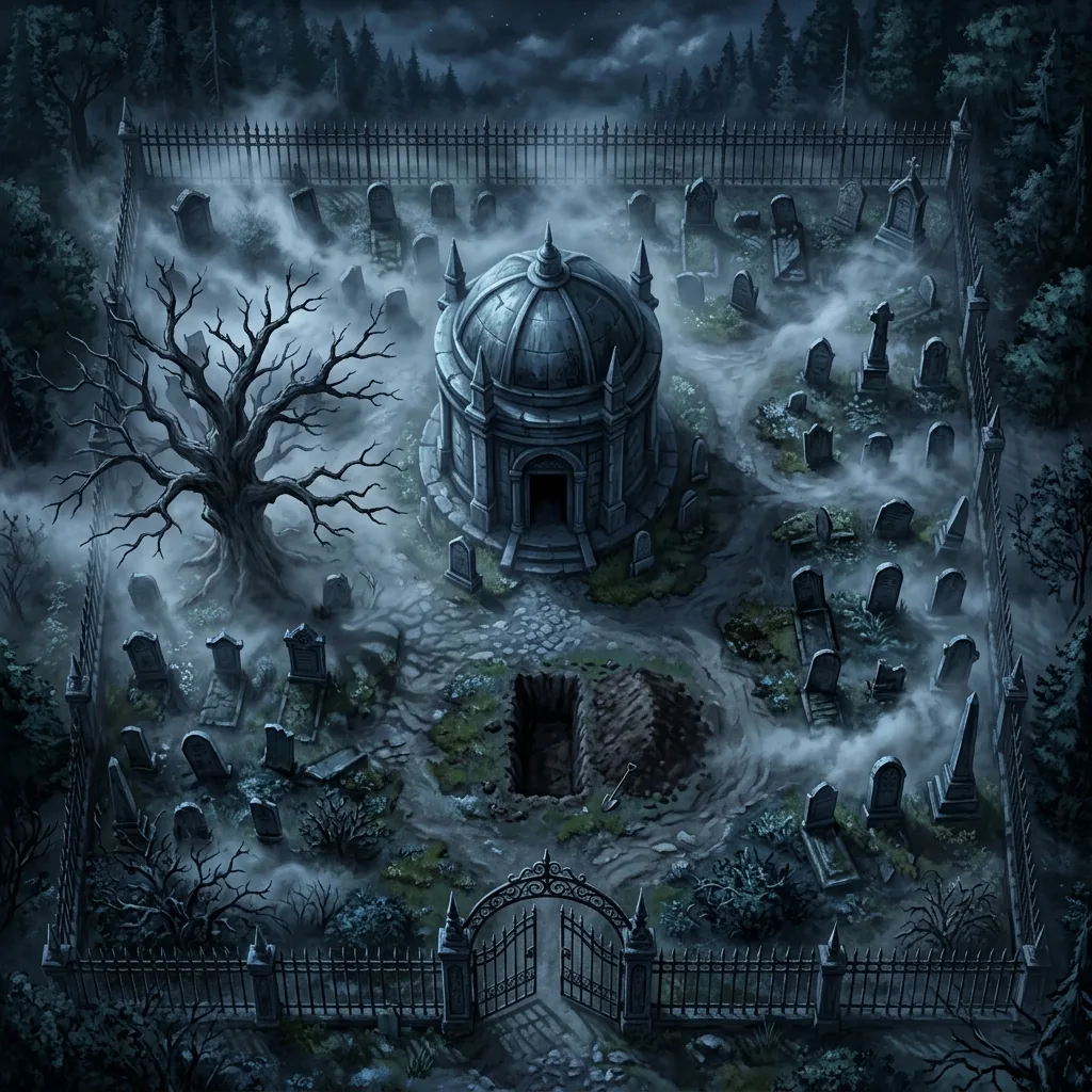 A top-down fantasy battle map of a foggy moonlit cemetery with a central mausoleum, tilted tombstones, an iron fence, a dead oak, and an open grave