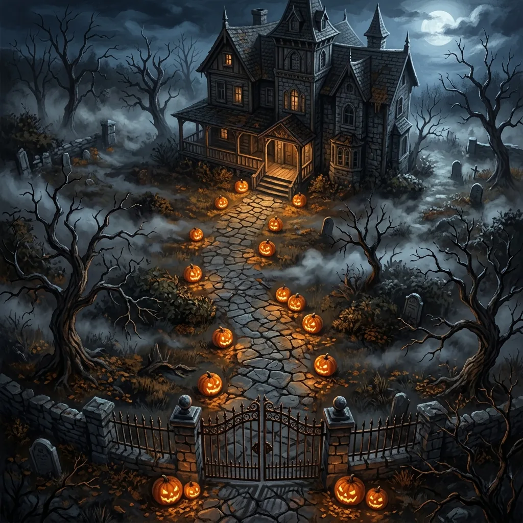 A top-down fantasy battle map of moonlit haunted manor grounds with dead trees, wrought-iron gates, jack-o-lanterns lining a cracked path, and rolling fog