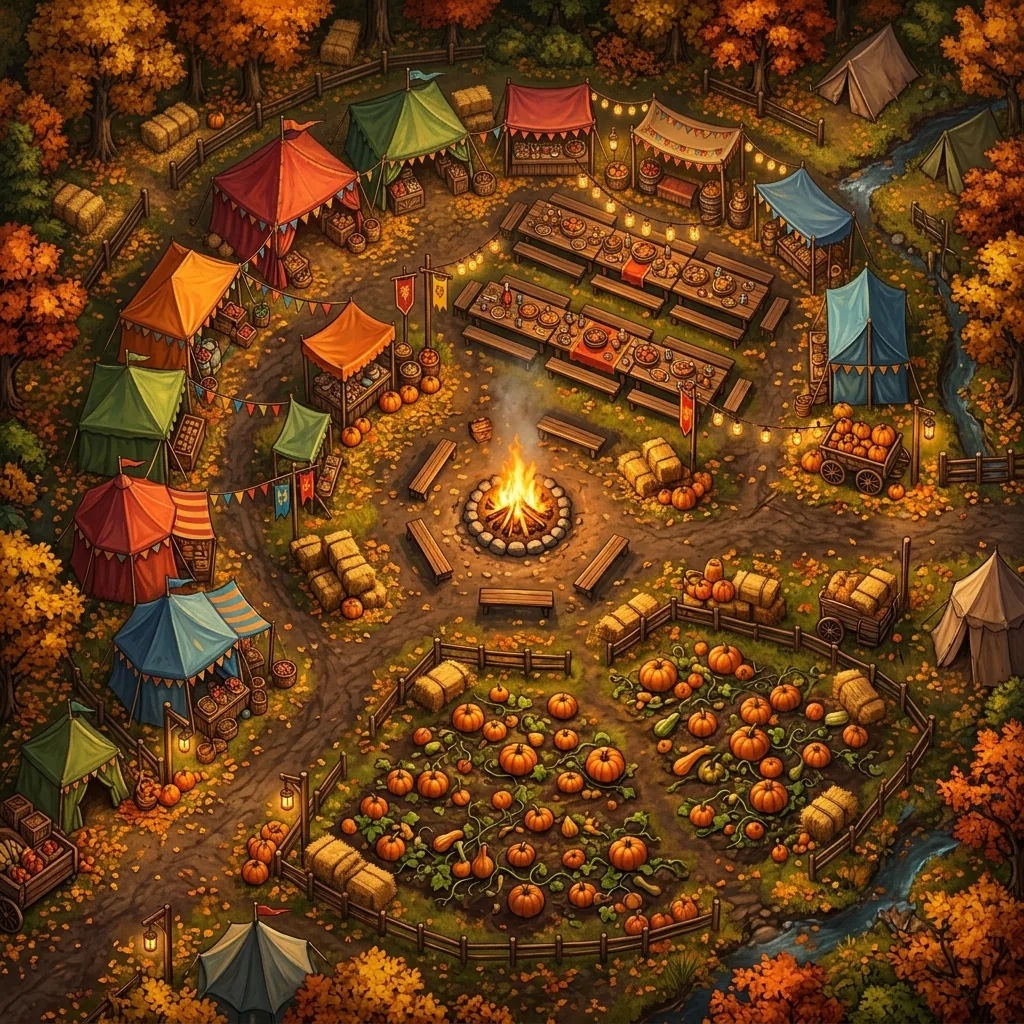 A top-down fantasy battle map of an autumn harvest festival with colorful stalls, hay bales, a pumpkin patch, and a central bonfire