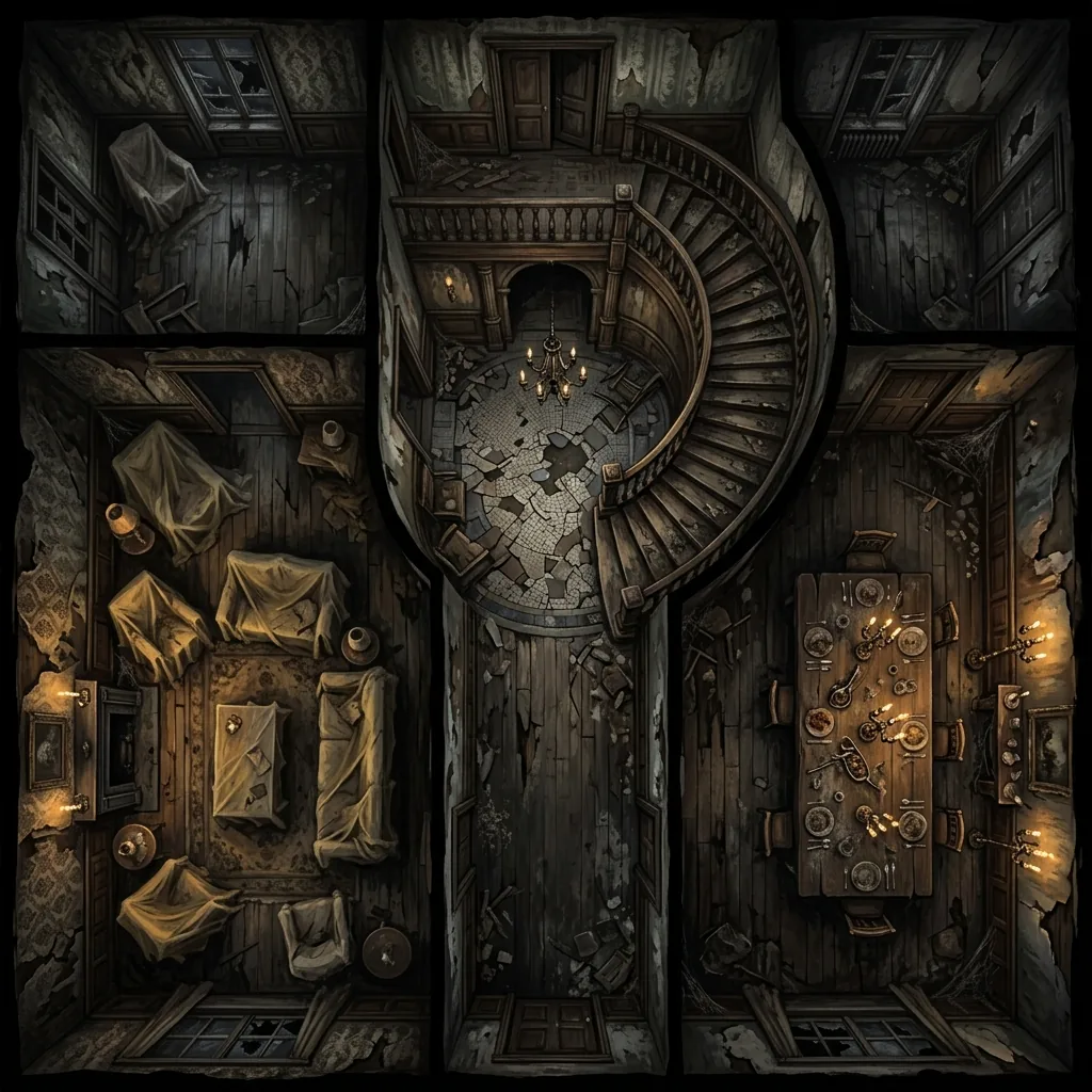 A top-down battle map of a decaying mansion ground floor with a grand foyer, sheet-covered parlor furniture, peeling wallpaper, and candlelight pooling in the corners
