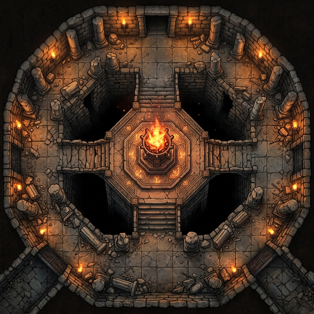 A clean, top-down tactical battle map generated by AI, showing a fantasy dungeon layout with clear grid lines.