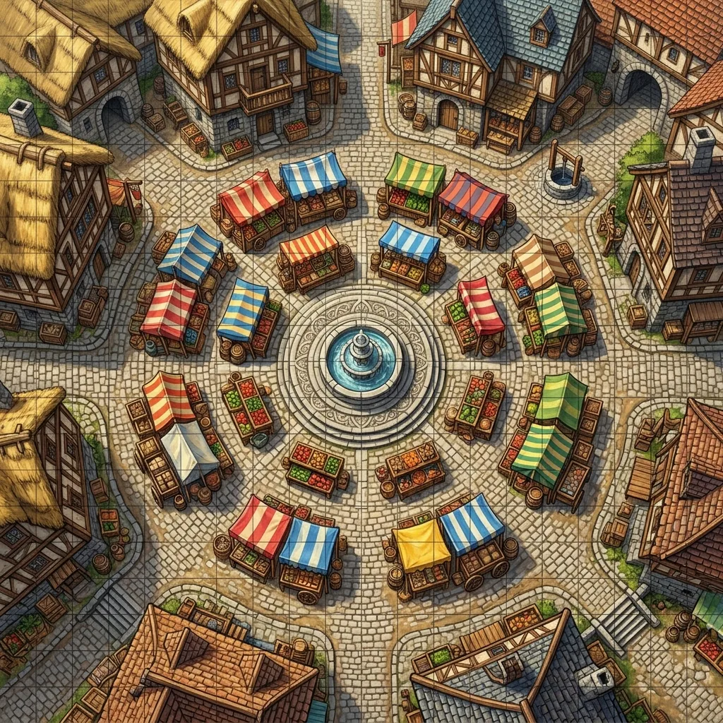 A top-down fantasy battle map of a lively town market square with stalls and cobblestones under a subtle square grid overlay