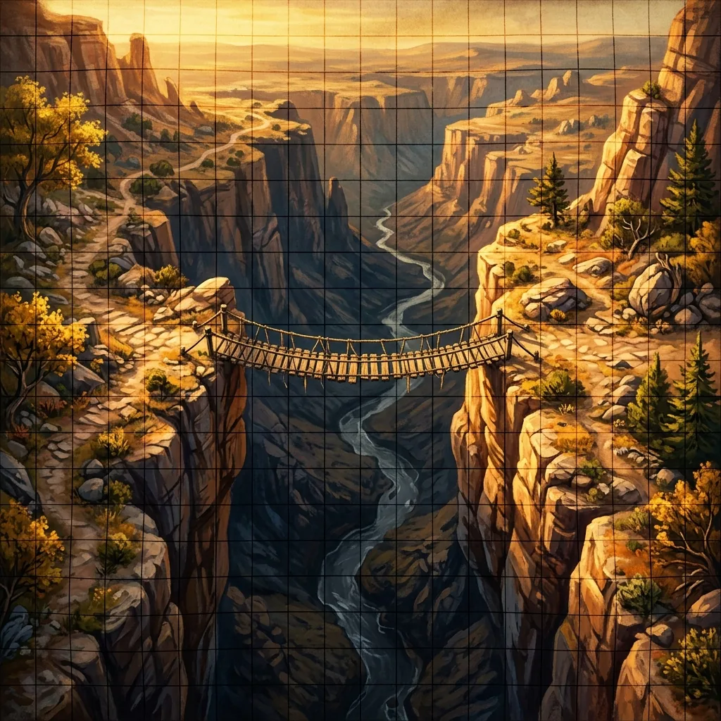 A top-down painterly battle map of a canyon rope bridge crossing with dramatic golden lighting and a subtly warped decorative grid fading at the edges
