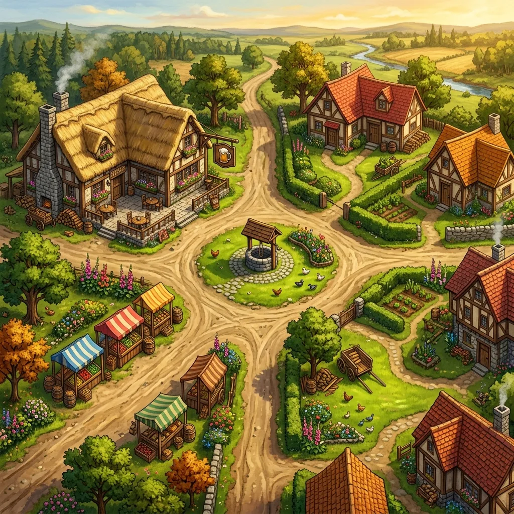 A top-down fantasy battle map of a cozy village green with a tavern, a stone well, market stalls, and dirt roads