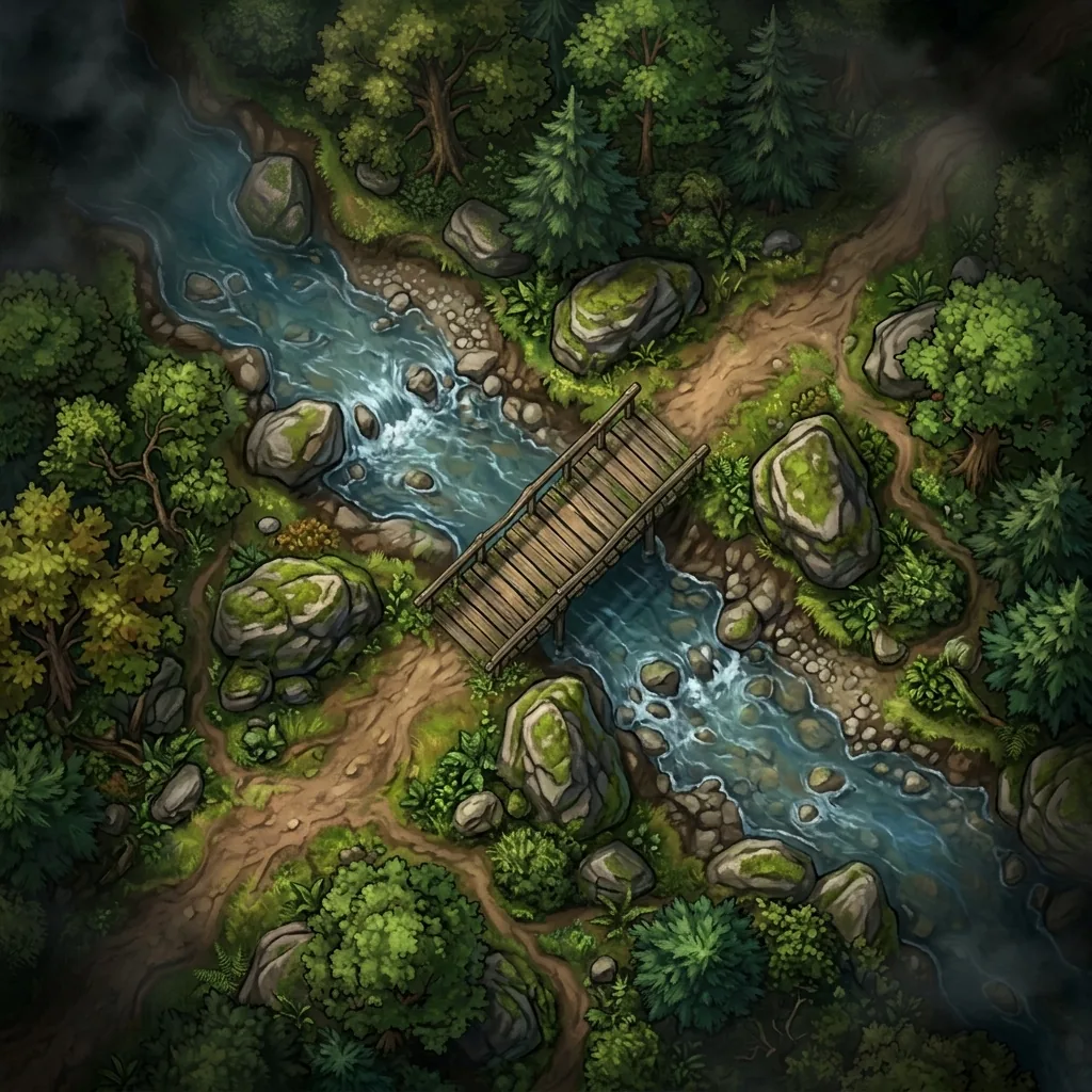 A top-down fantasy battle map of a forest river crossing with soft fog-of-war vignette shading around the edges