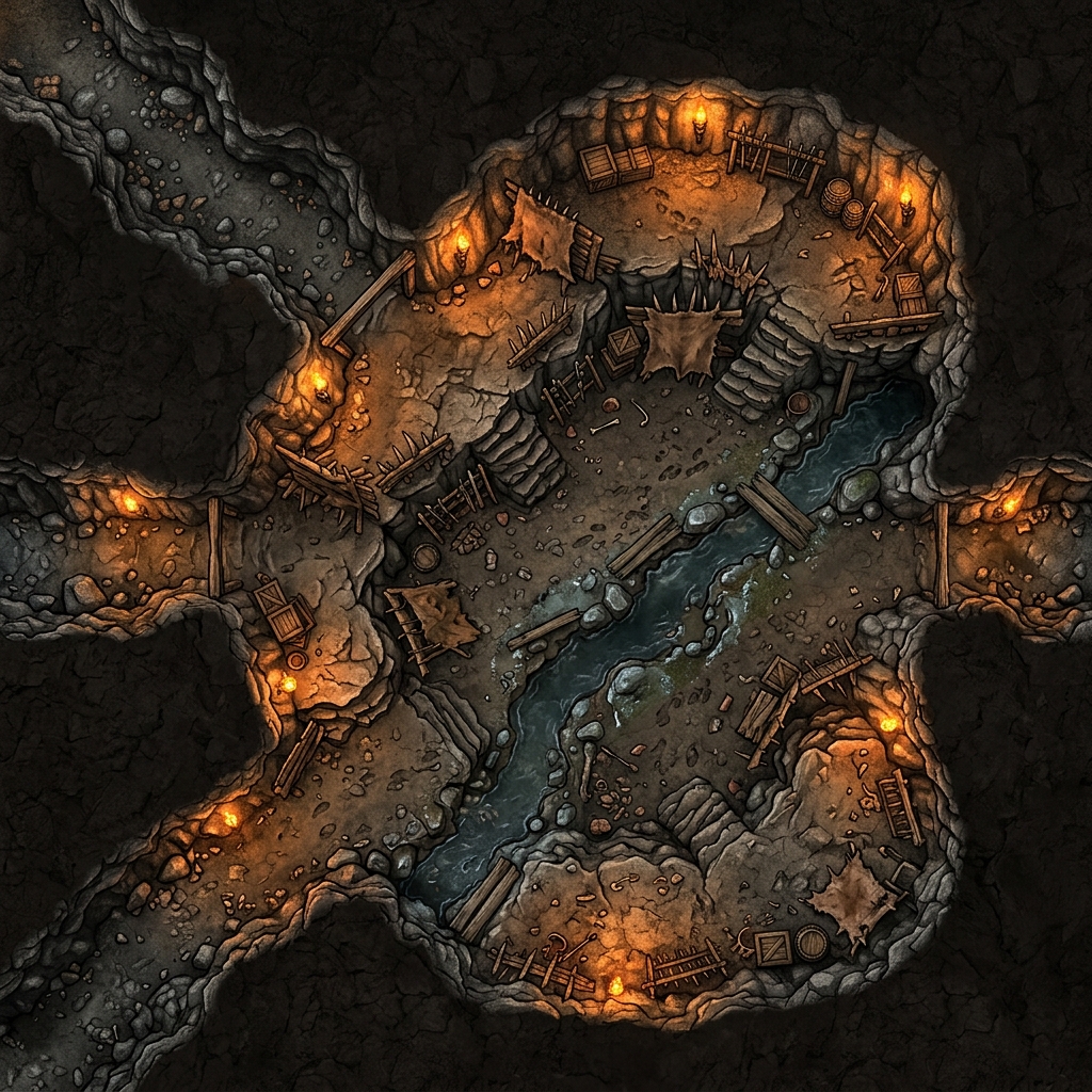 A top-down view of an ancient elven gateway ruin battle map with glowing magical runes and overgrown vegetation