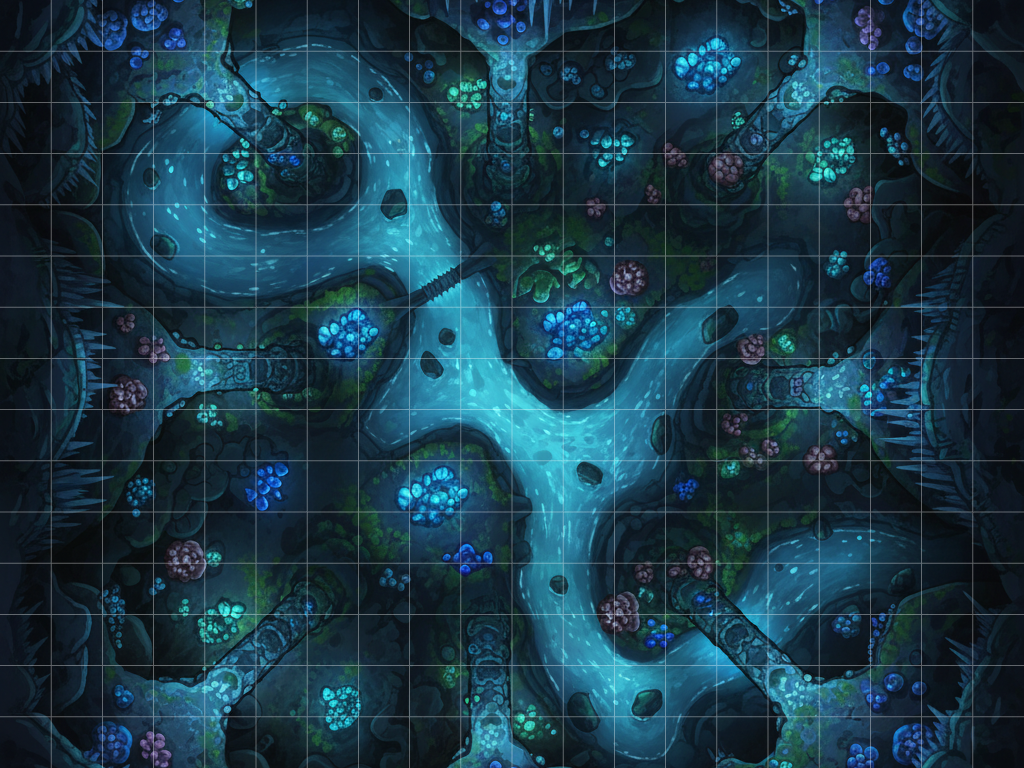 A highly detailed top-down digital tabletop battlemap of a glowing cavern