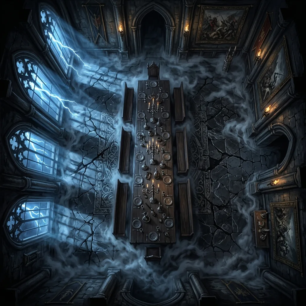 A top-down gothic horror battle map of a castle great hall with a long banquet table, lightning through tall windows, and creeping mist