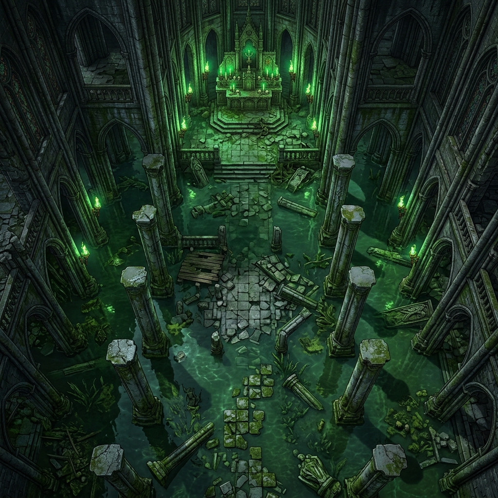 A top-down fantasy battle map of a grimdark stone dungeon cathedral flooded with murky water, illuminated by flickering green torches