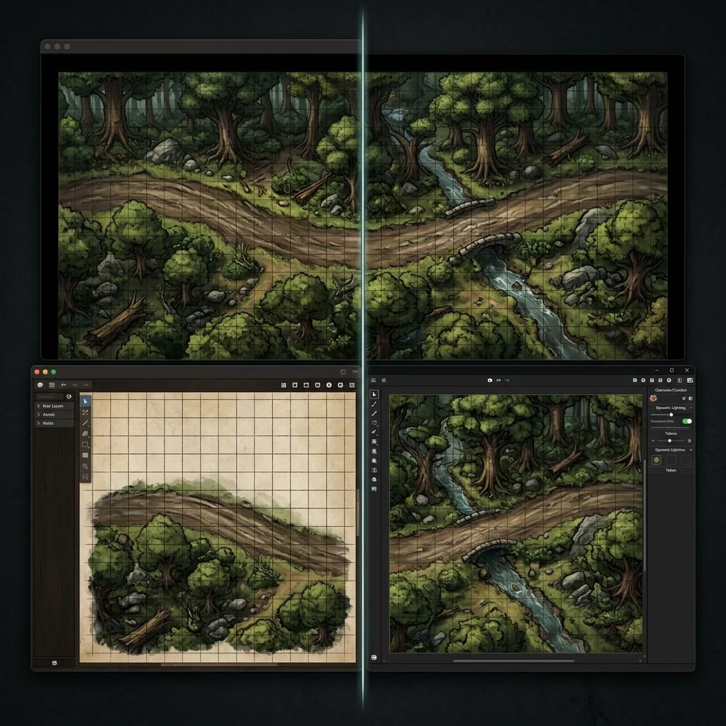 A top-down forest battle map displayed side by side in two different virtual tabletop interface frames