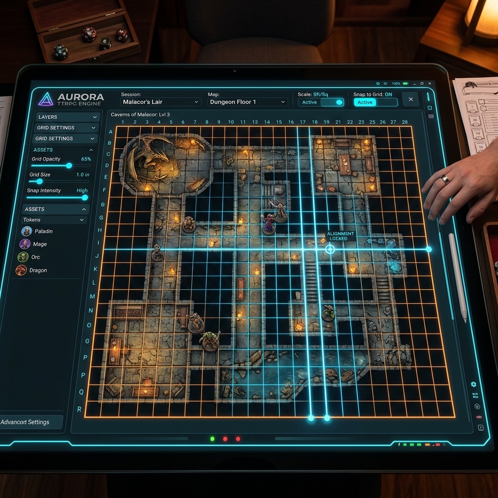 A digital tabletop interface showing a fantasy battle map being aligned to a grid