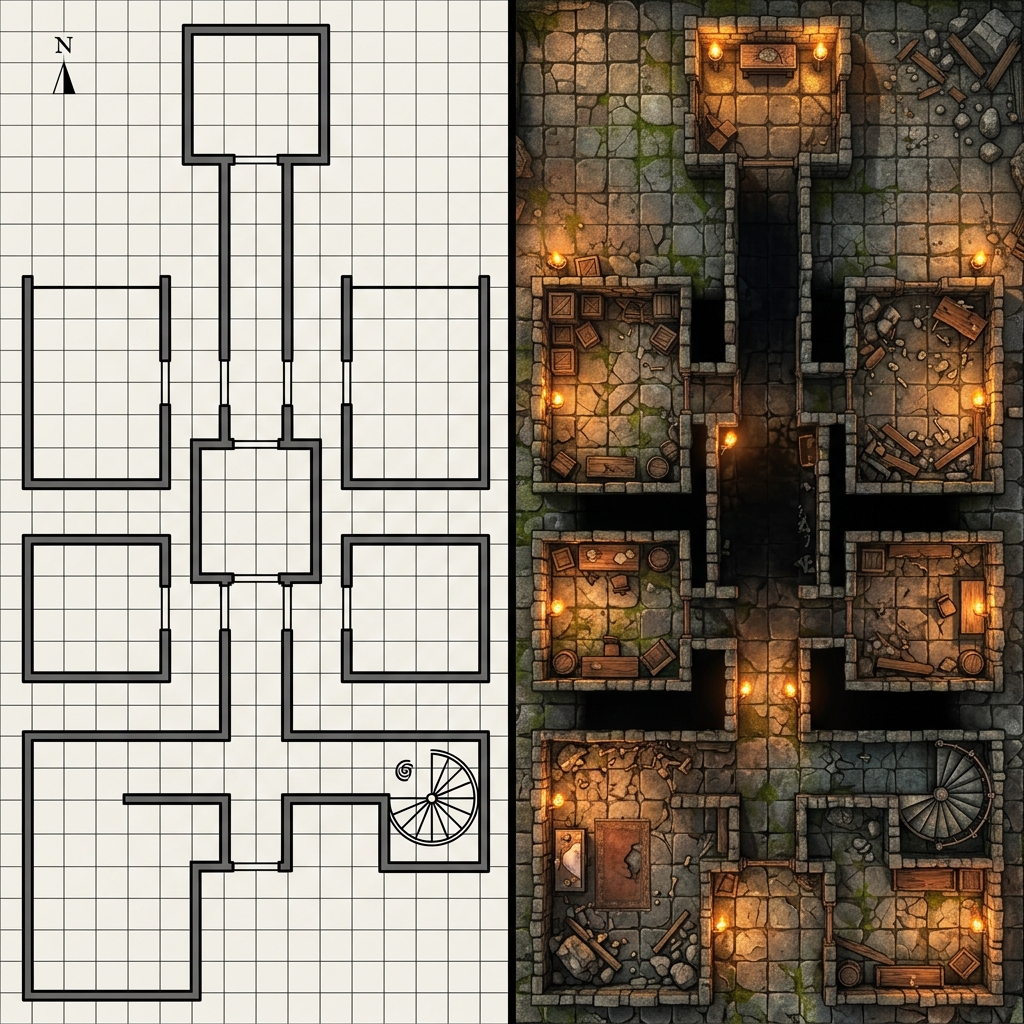 A side-by-side comparison of a procedural line-art dungeon and a high-detail generative AI battle map.