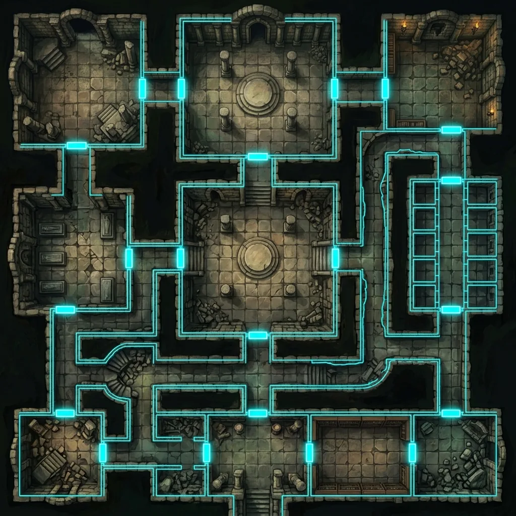 A top-down stone dungeon battle map with glowing cyan wall and door schematic lines overlaid on the corridors