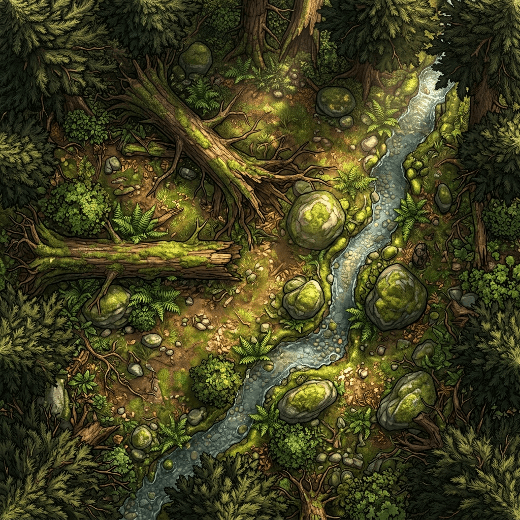 A top-down fantasy battle map of a dense old-growth forest clearing